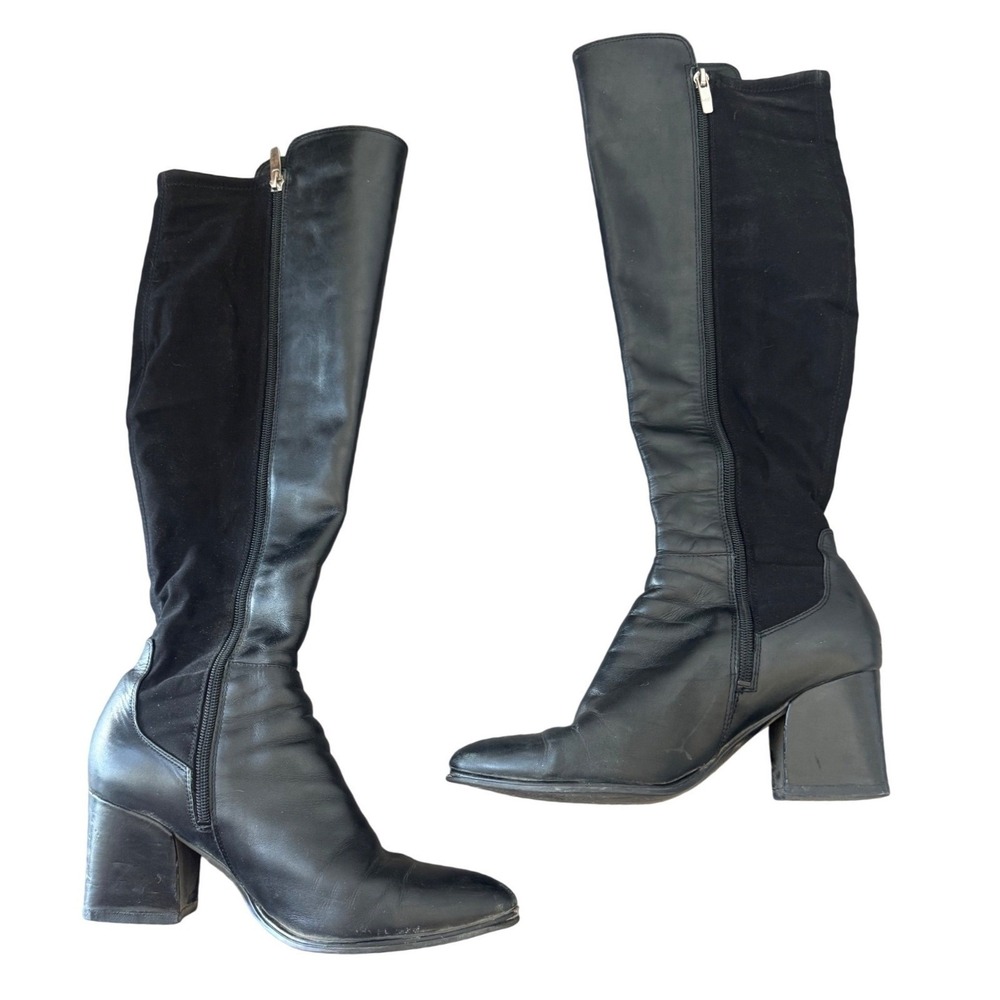Marc Fisher Knee High Boots Black Leather Textile Block Heel Sz 8M